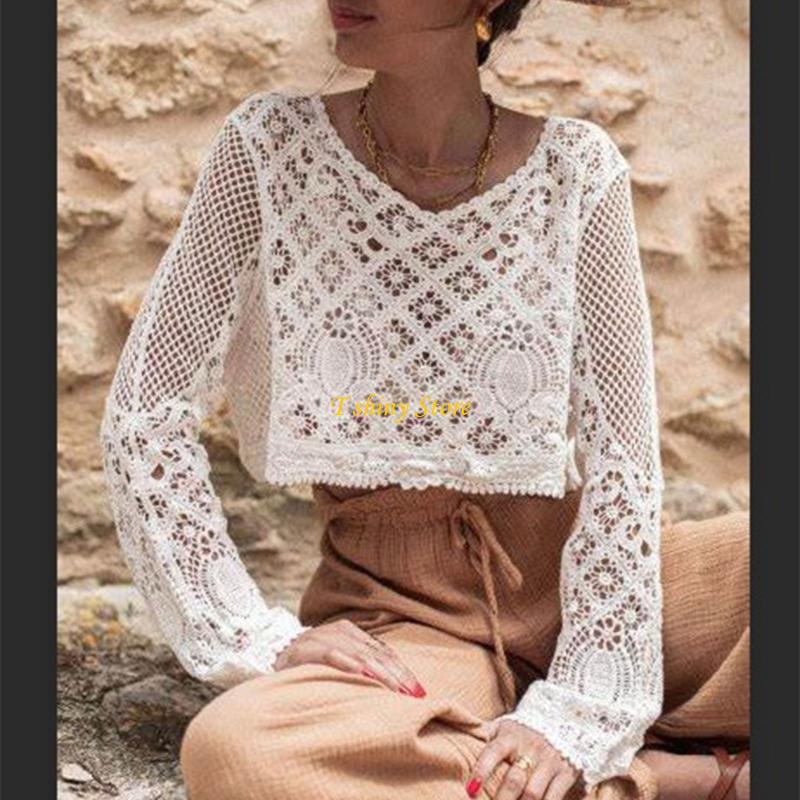 Crop Top Crochet - N58F Women's Crochet Lace Pullover Crop