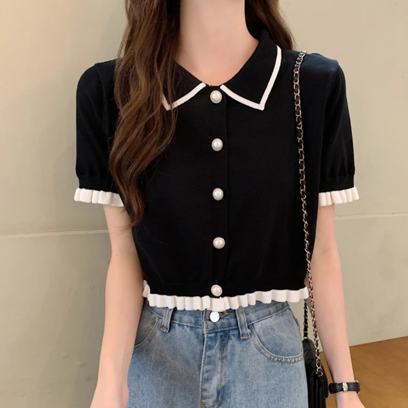 Crop Top Crochet - Women Shirt Knitted Short Sleeve Cute