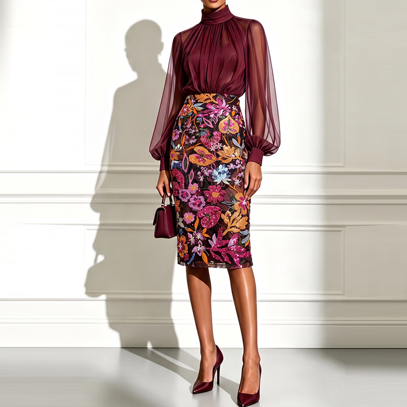 Sexy High Neck Sheer Mesh Blou - Midi Skirt Floral review and price