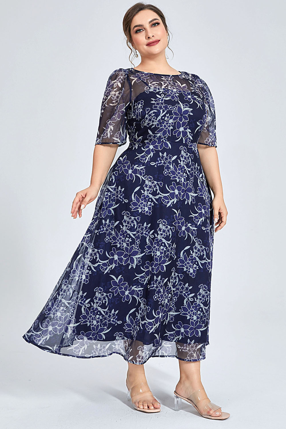 Plus Size Navy Floral Chiffon  - Midi Skirt Floral review and price